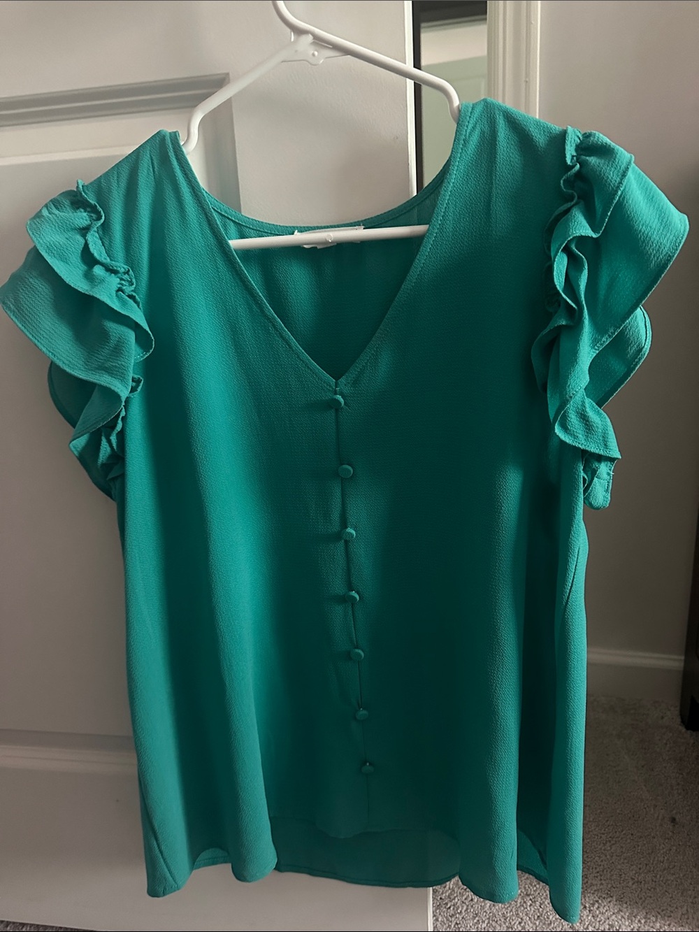 mine Teal Ruffle Sleeve V-Neck Blouse